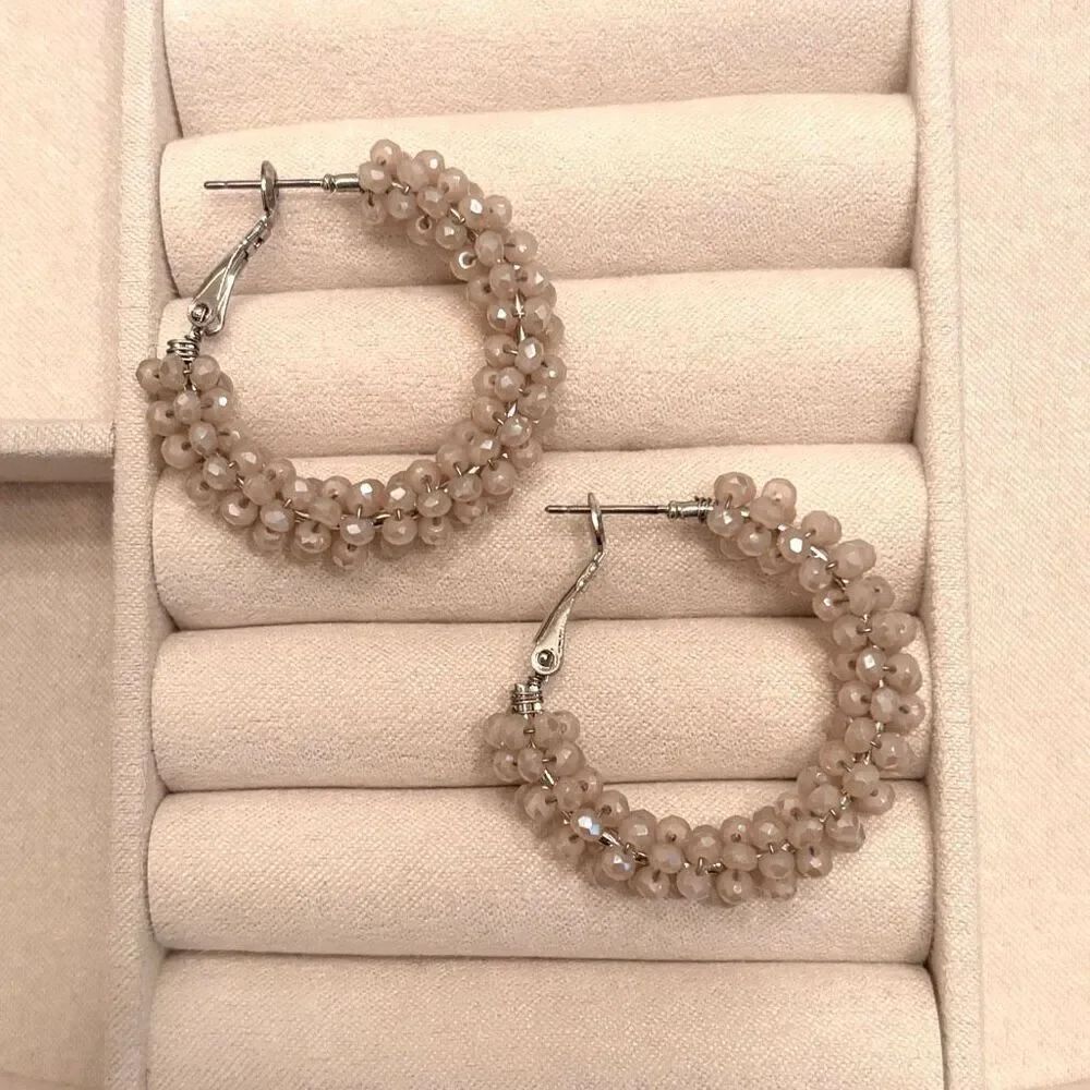 Beaded Hoop Earrings | 1 1/2” Diameter | Taupe